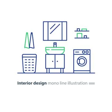Bathroom design plan, facility items, washing mashine and sink Illustrazione stock