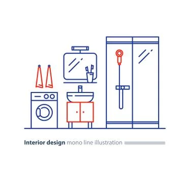 Bathroom design plan, facility items, washing mashine and shower stand Illustrazione stock