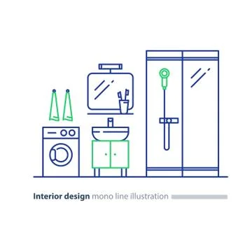 Bathroom design plan, facility items, washing mashine and shower stand Illustrazione stock