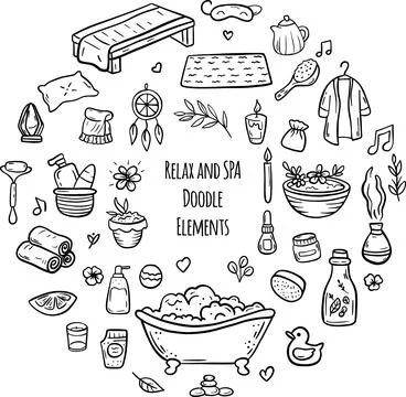 Bathroom Doodle Items arranged in a Fun, Engaging Way. SPA and Realax, Selfcare Stock Illustration