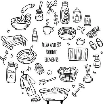 Bathroom Doodle Items arranged in a Fun, Engaging Way. SPA and Realax Illustrazione stock