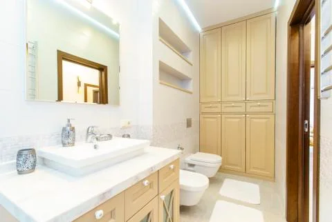 Bathroom with elegant rectangular washbasin, toilet and shower. Mirror with l Stock Photos