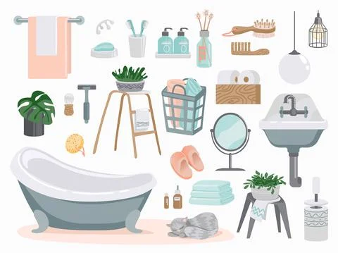 Bathroom elements. Cartoon plumbing and toilet furniture. Enameled washbasin and Stock Illustration