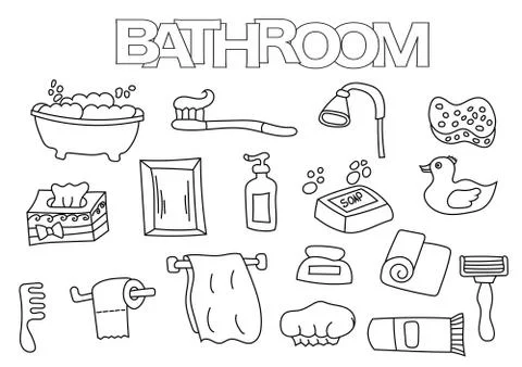 Bathroom elements hand drawn set. Coloring book template.  Outline doodle Illustrazione stock