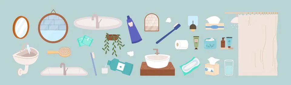 Bathroom elements. Hygiene items and furniture. Sinks mirrors douche and plant Stock Illustration