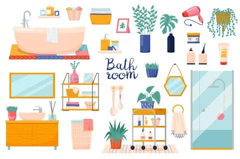 Bathroom elements. Hygiene products and interior accessories, wet room, comfort Illustrazione stock