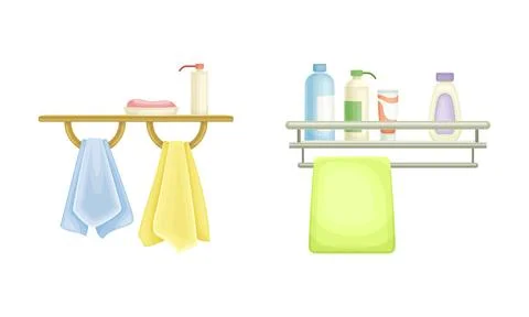 Bathroom elements set. Hanging towels and cosmetics cartoon vector illustration Illustrazione stock