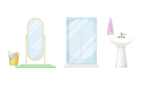 Bathroom elements set. Shower cabin, mirror and sink cartoon vector illustration Illustrazione stock