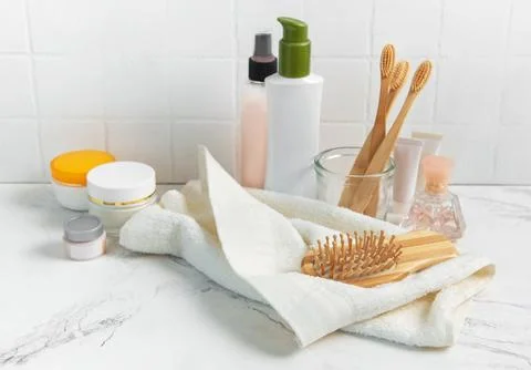 Bathroom essentials for daily self care and personal hygiene Stock Photos