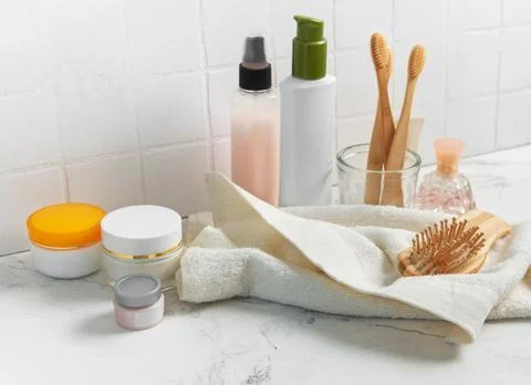 Bathroom essentials for daily self care and personal hygiene Stock Photos