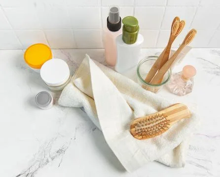 Bathroom essentials for daily self care and personal hygiene Stock Photos