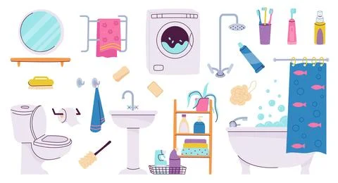 Bathroom flat interior elements, home closet and soap, cartoon toilet room Illustrazione stock