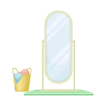 Bathroom Floor Mirror and Laundry Hamper Vector Set Stock Illustration
