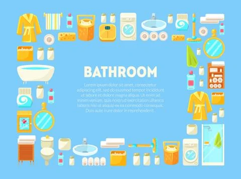 Bathroom Frame of Square Shape with Place for Text, Bathroom Interior Elements Illustrazione stock