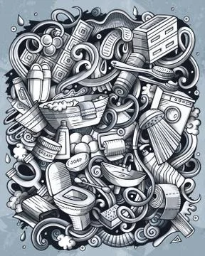 Bathroom funny hand drawn vector doodles illustration. Stock Illustration