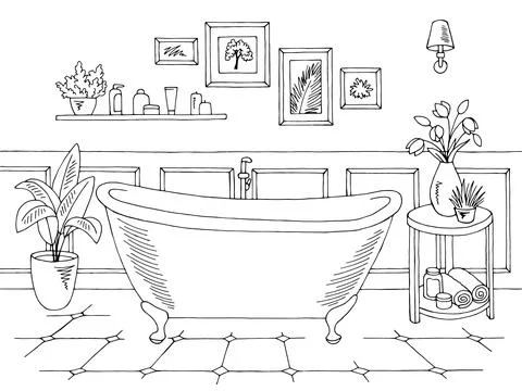Bathroom graphic home interior black white sketch illustration vector  Stock Illustration