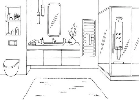 Bathroom graphic home interior black white sketch illustration vector Stock Illustration