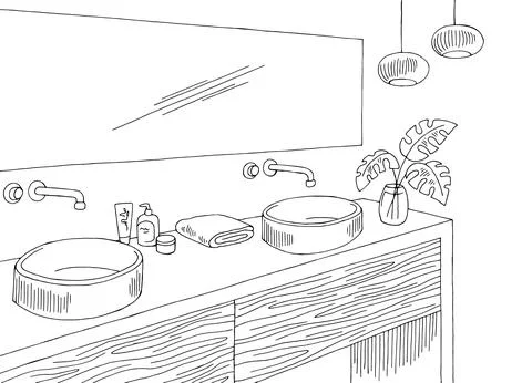 Bathroom graphic home interior black white sketch illustration vector Stock Illustration