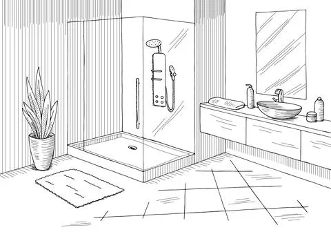 Bathroom graphic home interior black white sketch illustration vector Stock Illustration