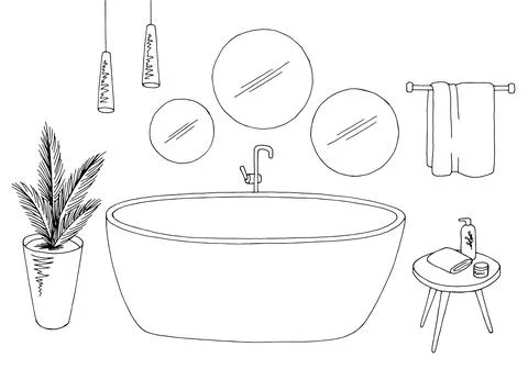 Bathroom graphic home interior black white sketch isolated illustration vector Stock Illustration