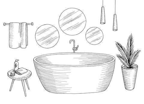 Bathroom graphic home interior black white sketch isolated illustration vector Stock Illustration