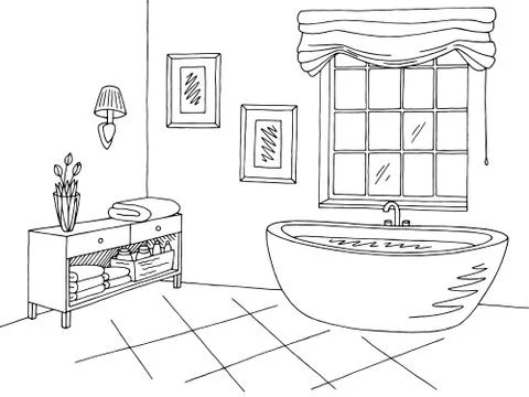 Bathroom graphic interior black white sketch illustration vector Stock Illustration