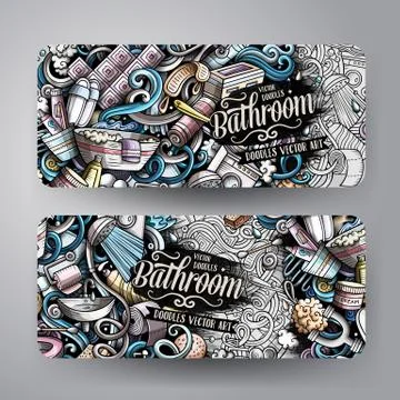 Bathroom hand drawn doodle banners set. Cartoon detailed flyers. Illustrazione stock