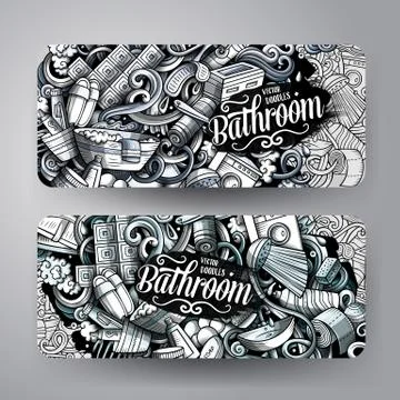 Bathroom hand drawn doodle banners set. Cartoon monochrome detailed flyers. Illustrazione stock