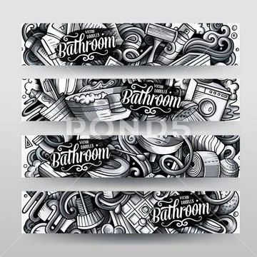 Bathroom Hand Drawn Doodle Banners Set. Cartoon Monochrome Detailed 4 Flyers.