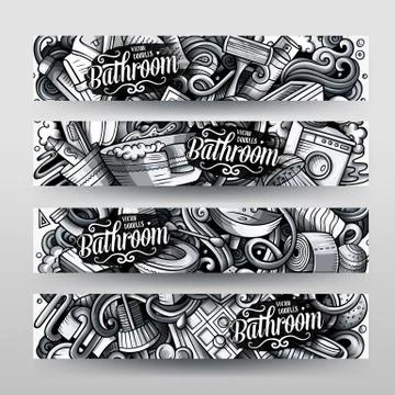 Bathroom hand drawn doodle banners set. Cartoon monochrome detailed 4 flyers. 스톡 일러스트