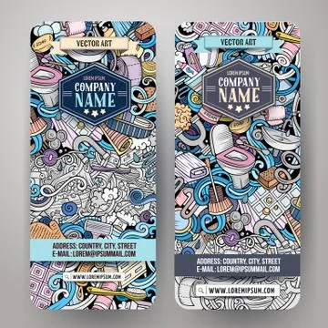 Bathroom hand drawn doodle banners set. Cartoon detailed flyers. Illustrazione stock