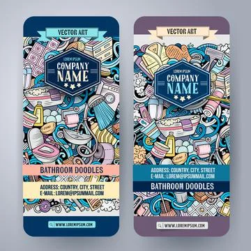 Bathroom hand drawn doodle banners set. Cartoon detailed flyers. Stock Illustration