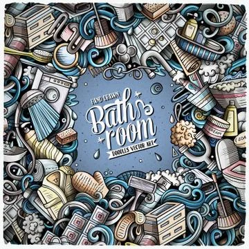 Bathroom hand drawn vector doodles illustration. Bath room frame card design. Stock Illustration
