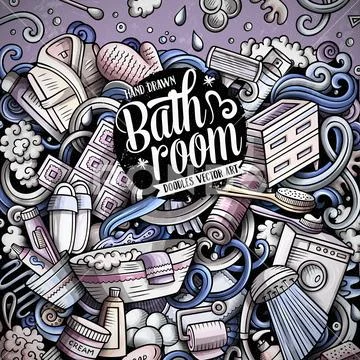 Bathroom hand drawn vector doodles illustration. Bath room frame card design. Stock Illustration