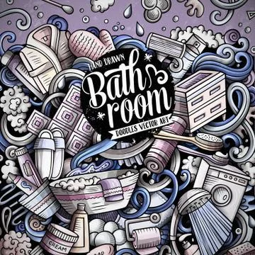 Bathroom hand drawn vector doodles illustration. Bath room frame card design. 스톡 일러스트