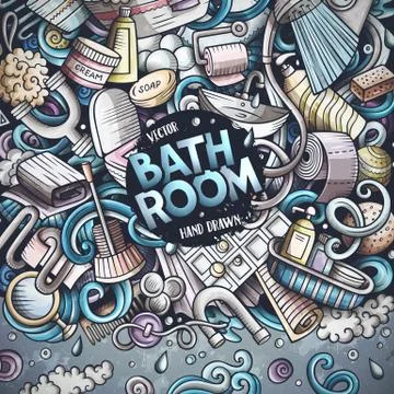 Bathroom hand drawn vector doodles illustration. Bath room frame card design. Illustrazione stock