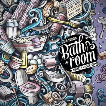Bathroom hand drawn vector doodles illustration. Bath room frame card design. Illustrazione stock