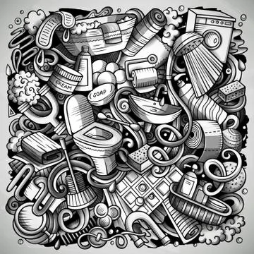 Bathroom hand drawn vector doodles illustration. Bath room poster design. Stock Illustration