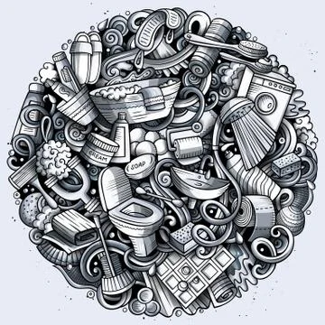 Bathroom hand drawn vector doodles illustration. Bath room poster design. Stock Illustration