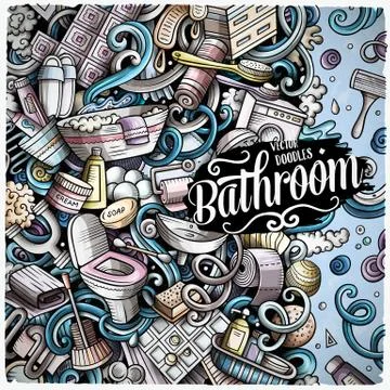 Bathroom hand drawn vector doodles illustration. Bath room frame card design. イラスト素材
