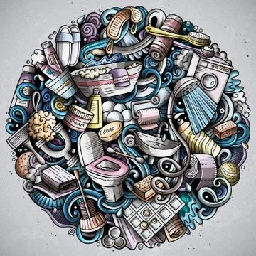 Bathroom hand drawn vector doodles round illustration. Bath room poster design Stock Illustration