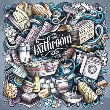 Bathroom hand drawn vector doodles illustration. Bath room poster design. Stock Illustration
