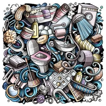 Bathroom hand drawn vector doodles illustration. Bath room poster design. Stock Illustration