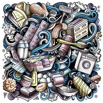 Bathroom hand drawn vector doodles illustration. Bath room poster design. Stock Illustration