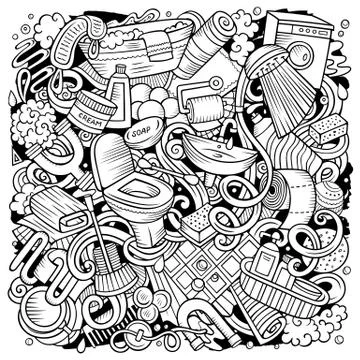 Bathroom hand drawn vector doodles illustration. Bath room poster design. Stock Illustration