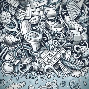 Bathroom hand drawn vector doodles illustration. Stock Illustration