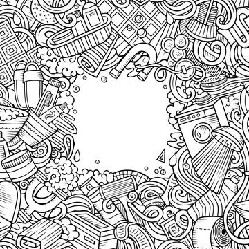 Bathroom hand drawn vector doodles illustration. Bath room frame card design. 스톡 일러스트