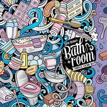 Bathroom hand drawn vector doodles illustration. Bath room frame card design. 스톡 일러스트