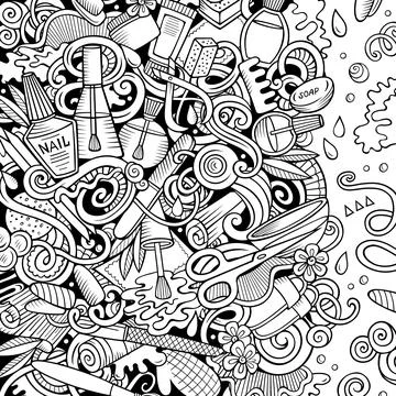 Bathroom hand drawn vector doodles illustration. Bath room frame card design. Illustrazione stock