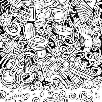 Bathroom hand drawn vector doodles illustration. Bath room frame card design. 스톡 일러스트